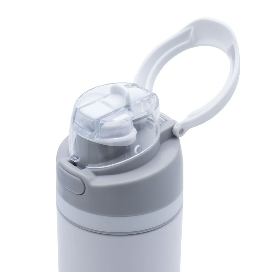 A drink bottle in grey and white with a flip-top lid and a built-in carry handle. It features a logo.