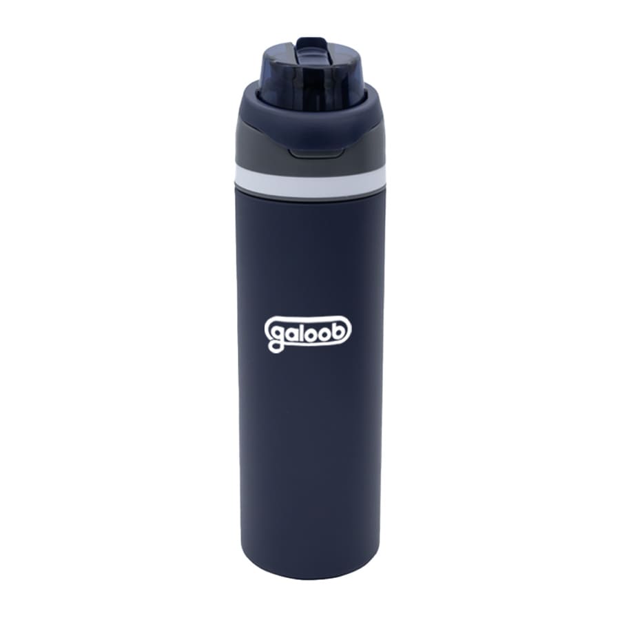 A drink bottle in navy blue with a grey band and a logo on the side. It features a flip-top lid.