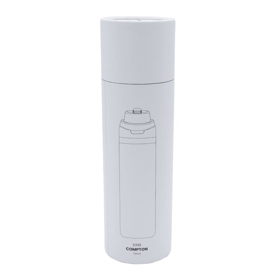 A drink bottle in a sleek white design, featuring a concealed cap and a brand logo.