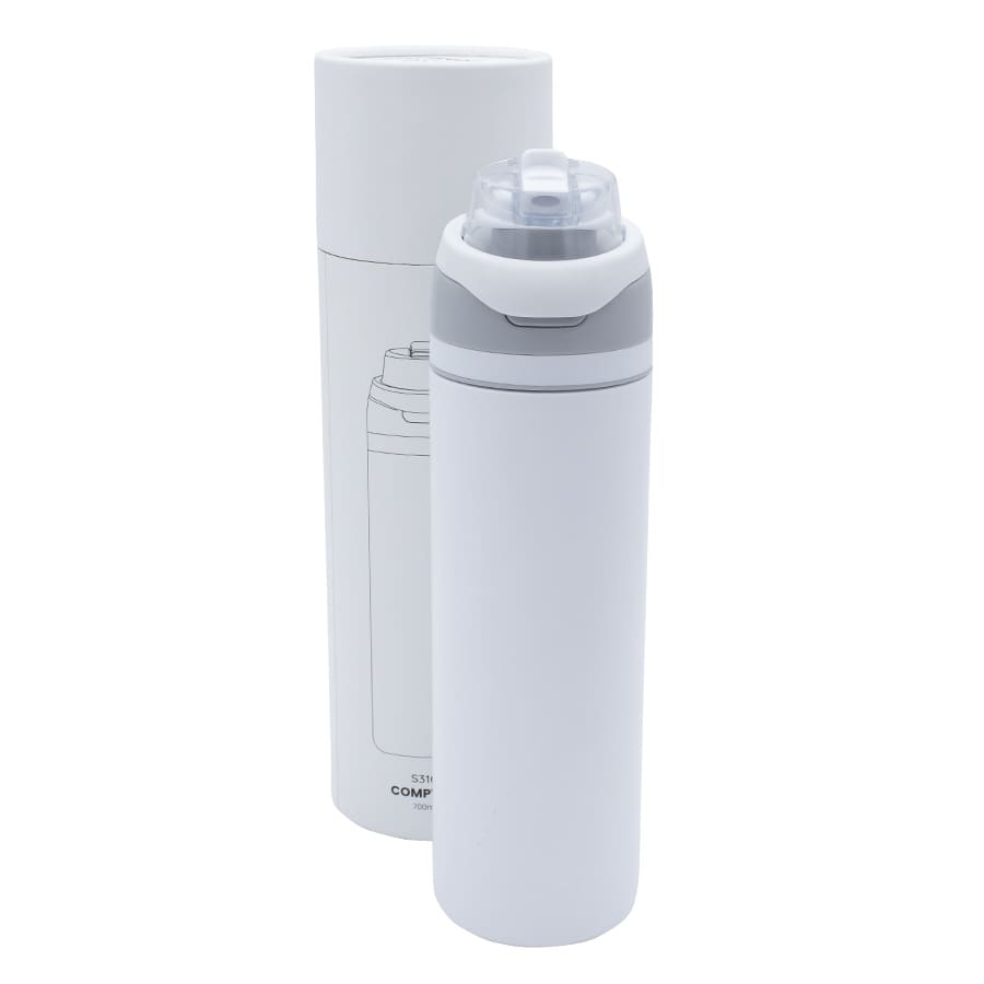 A drink bottle in white with a grey lid, presented in a matching cylindrical packaging. Features a logo.