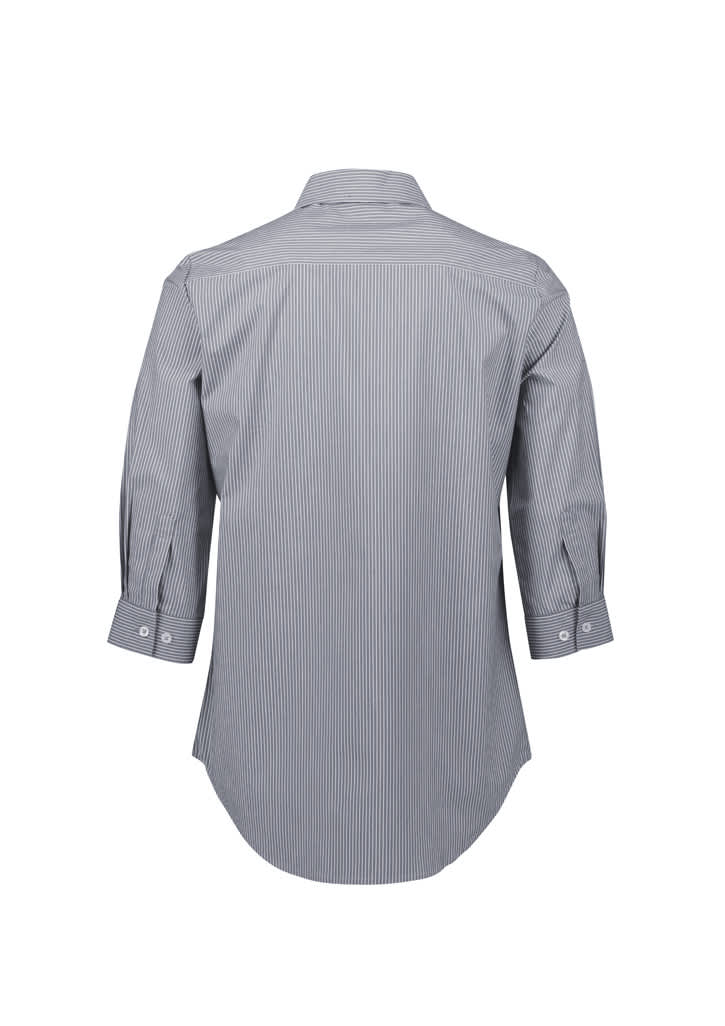 A button-up women's shirt in blue and white stripes, featuring 3/4 sleeves and a curved hemline, with a logo.
