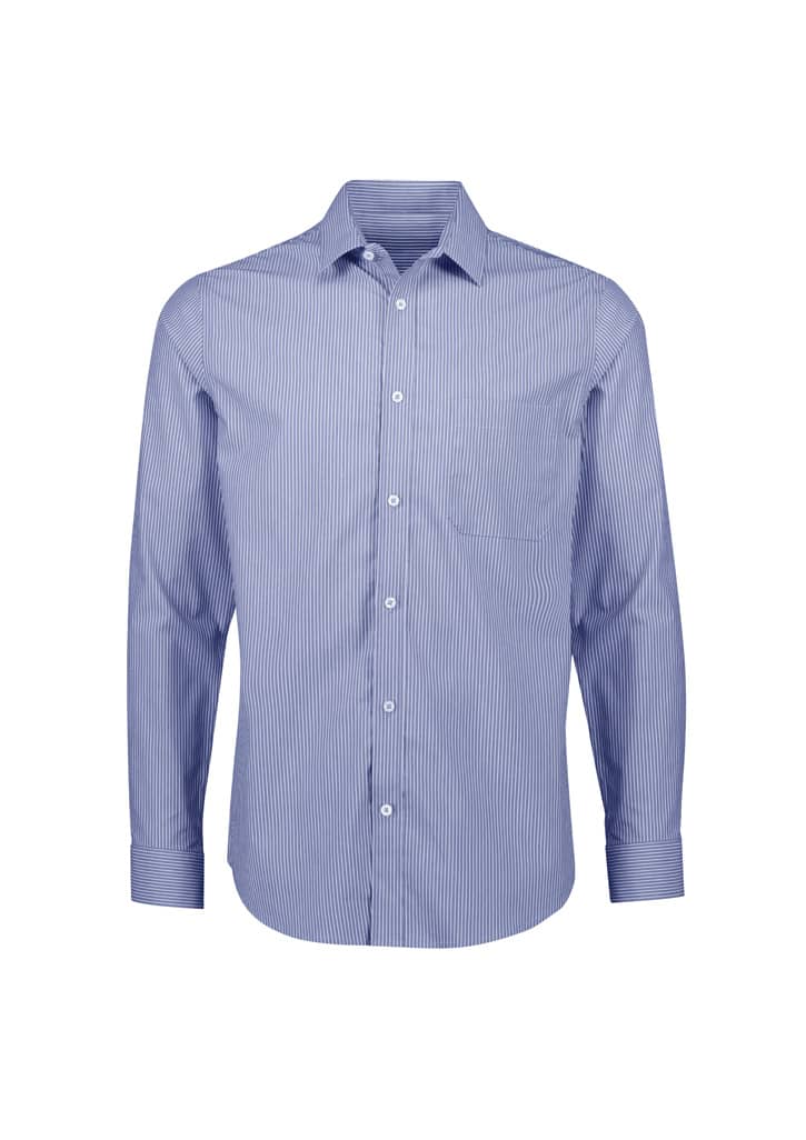 A long sleeve button-up shirt featuring a classic striped design in blue tones. The shirt has a chest pocket and a logo.
