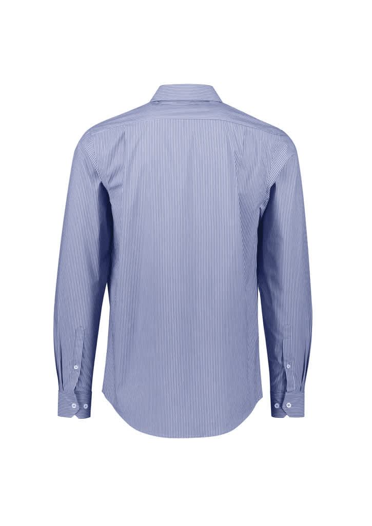 A blue and white striped long sleeve button-up shirt with a collared neck and cuffs. Features a branding logo.