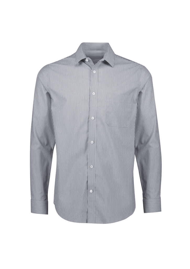 A long-sleeve button-up shirt with a classic striped pattern in shades of blue and white, featuring a chest pocket and a logo.