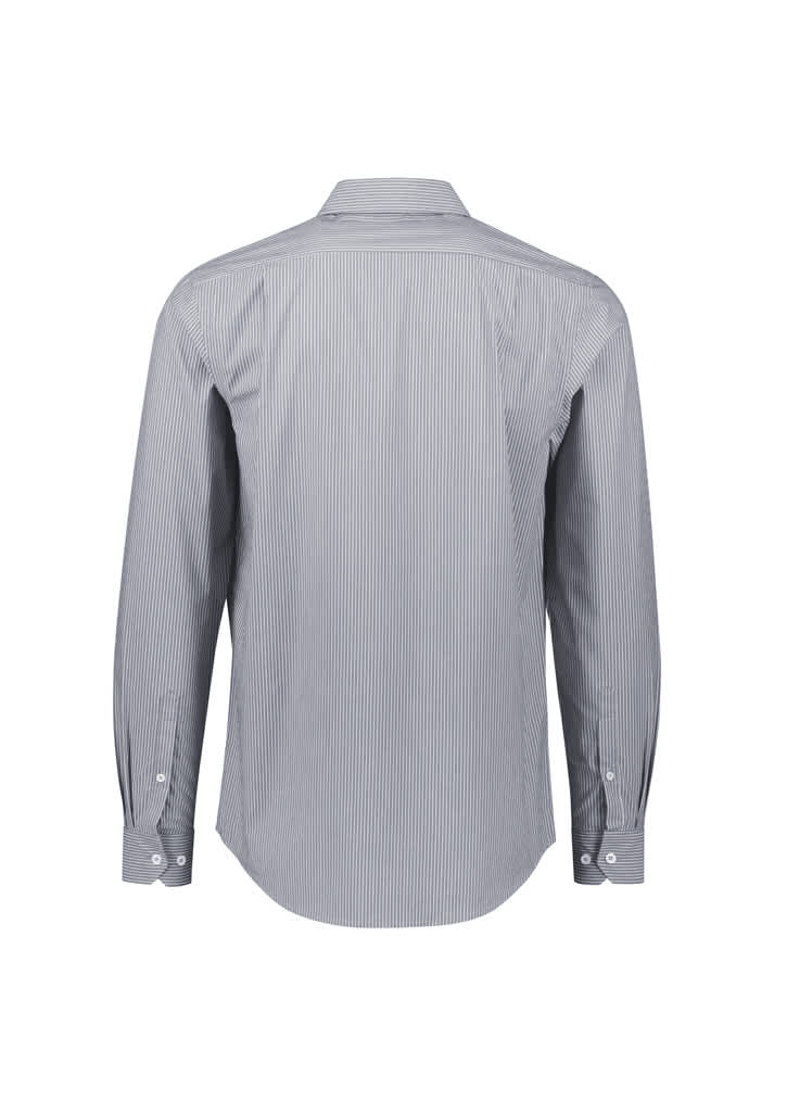 A long sleeve button-up shirt in grey with white vertical stripes, featuring a back view and a small logo.