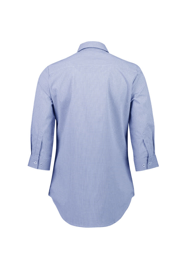 A blue and white check 3/4 sleeve button-up shirt, featuring a classic collar and a subtle logo.