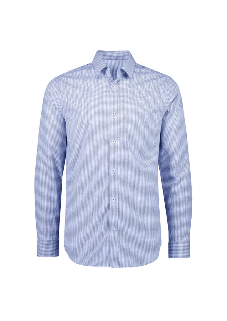 A blue and white checkered long sleeve button-up shirt with a collar and logo detail.