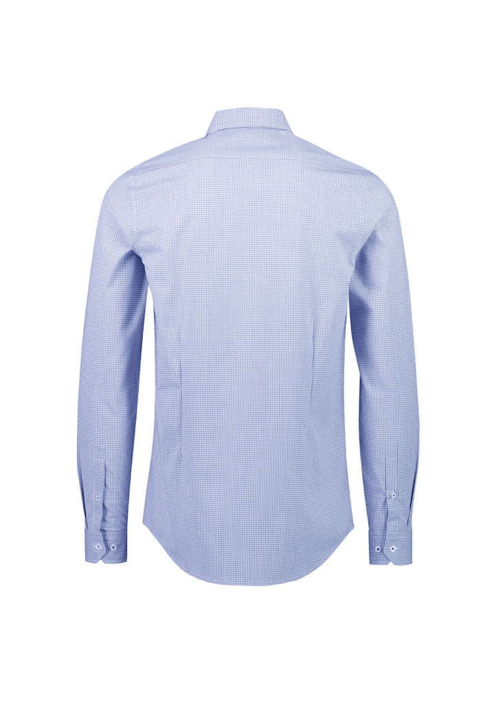A light blue tailored long sleeve button-up shirt with a checkered pattern and a logo on the back.