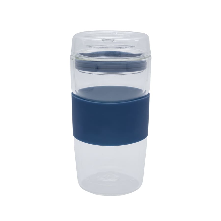 A reusable coffee cup in clear plastic with a navy silicone grip and lid. It has a sleek design perfect for drinks.