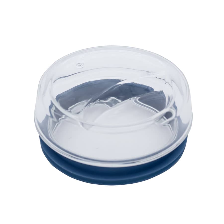 A reusable coffee cup with a clear lid and a dark blue silicone base. It features a branding logo.