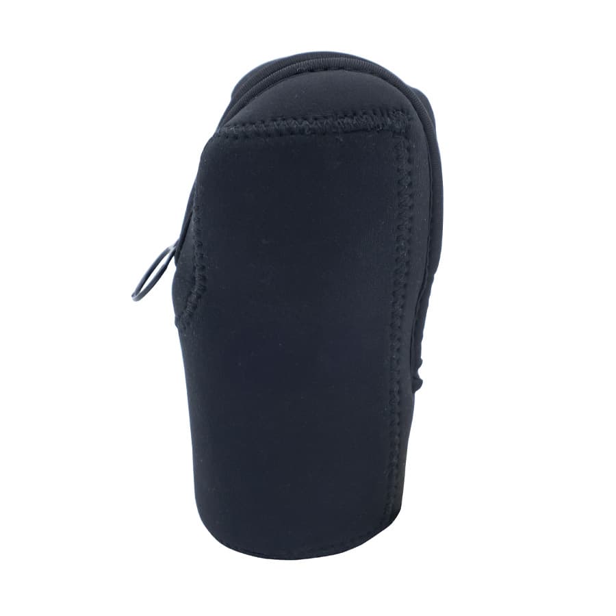 A black neoprene pouch featuring a zip closure and a clip attachment. It has a logo on the side.