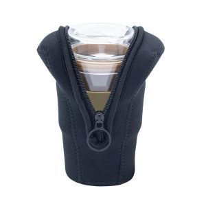 A black pouch with a zipper, designed to hold drink containers securely.