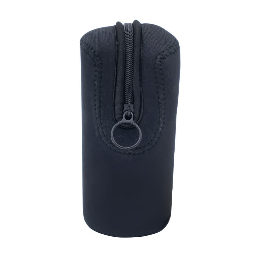 A black cylindrical pouch with a zipper and a small loop, featuring a branded logo.