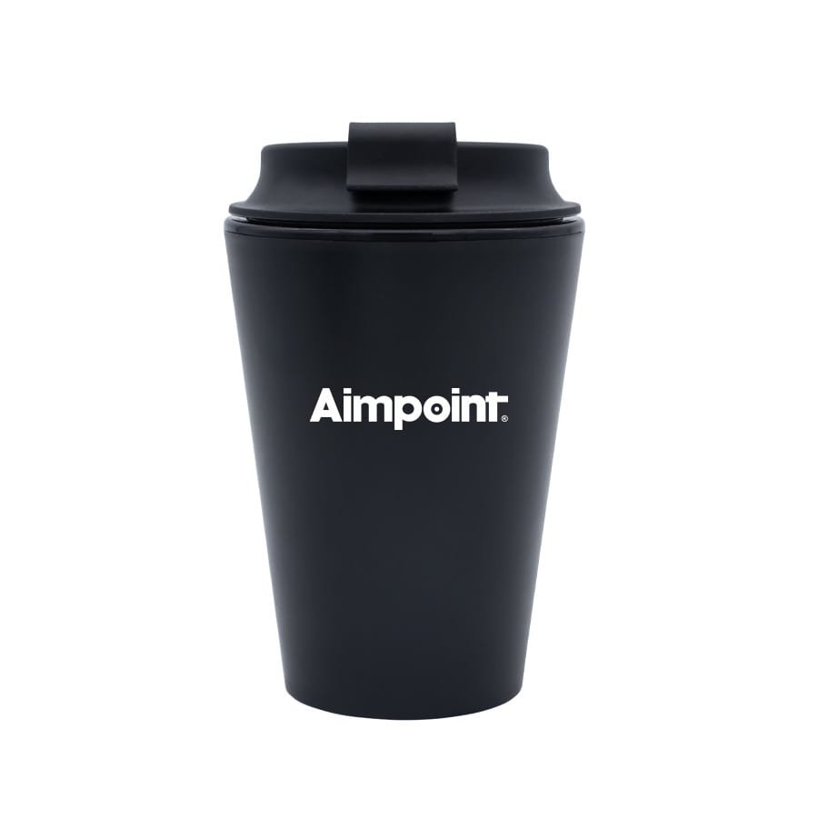 A black reusable coffee mug with a lid and a logo on the front.