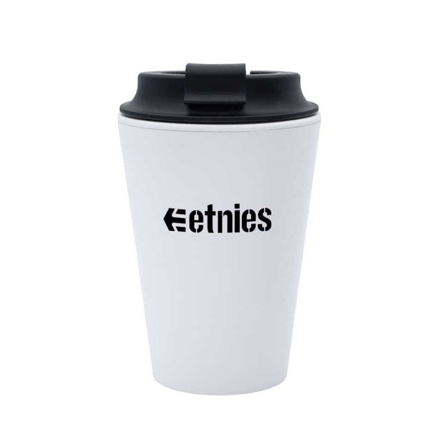 A coffee mug in white with a black lid and a logo, designed for holding beverages.