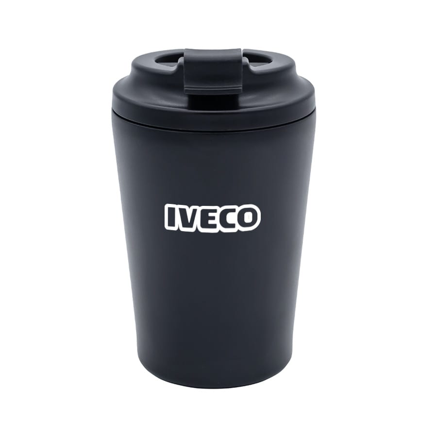 A travel mug in black with a lid and a logo on the front. Suitable for beverages on the go.