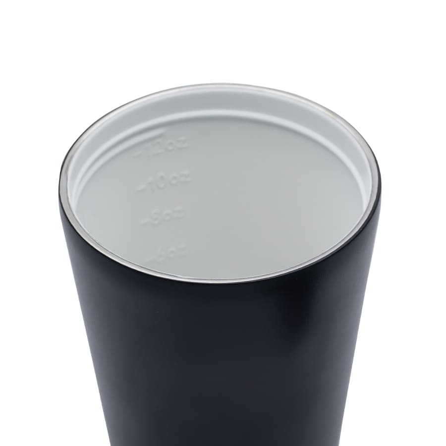 A drink bottle with a matte black exterior and a silver interior, featuring measurement markings inside.