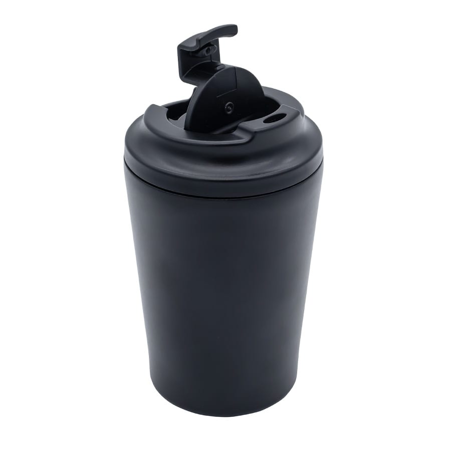 A drink bottle in matte black finish with a flip-top lid and a straw opening. Features a logo on the surface.