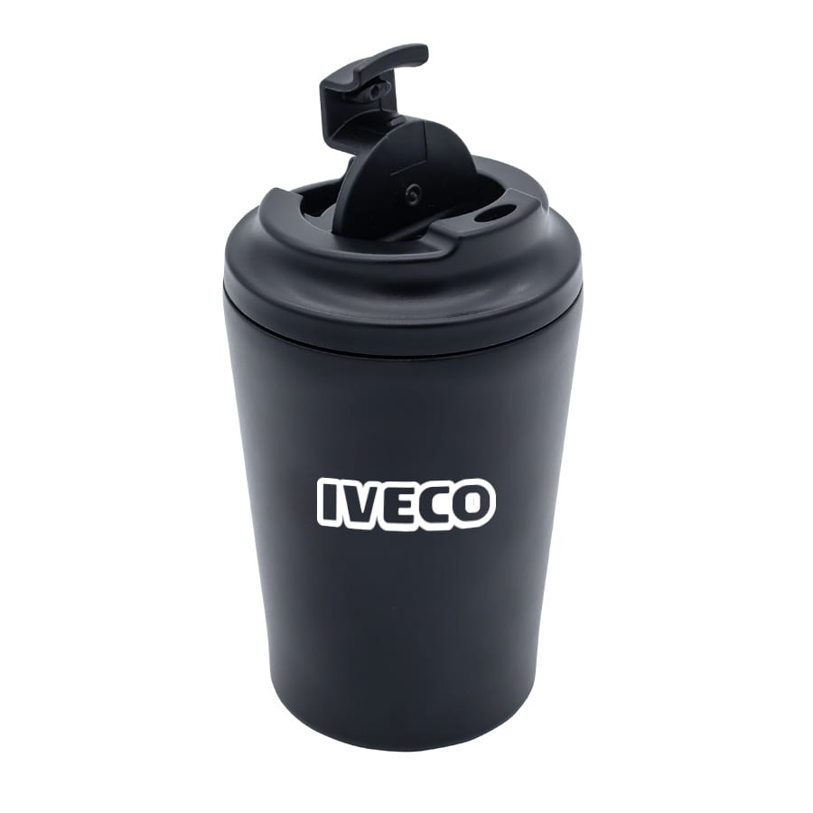 A drink bottle featuring a black design and a flip lid, with a logo on the front.