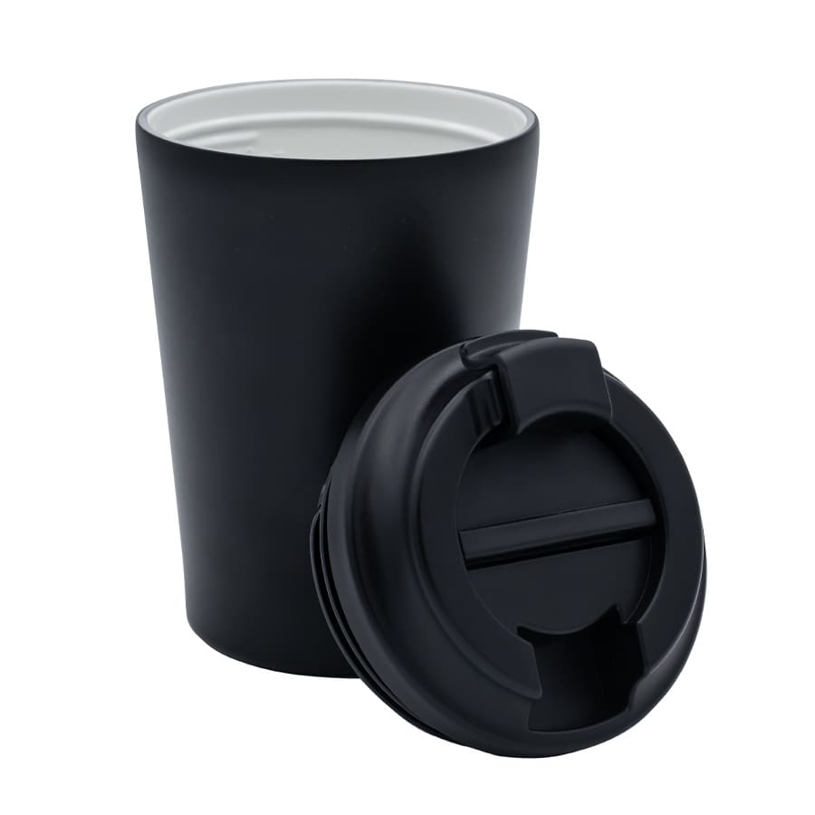 A drink bottle in matte black with a removable lid, designed for travel and on-the-go use.