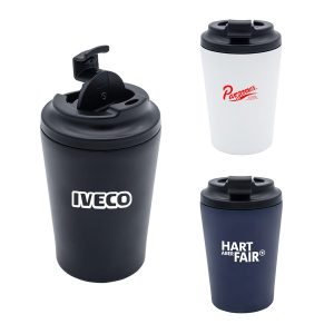 A travel cup set featuring three styles: black, white, and navy, each with a lid and branding.