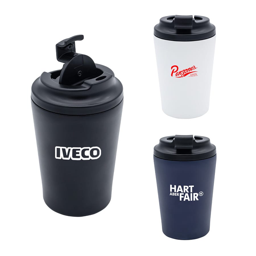 A travel cup set featuring three styles: black, white, and navy, each with a lid and branding.