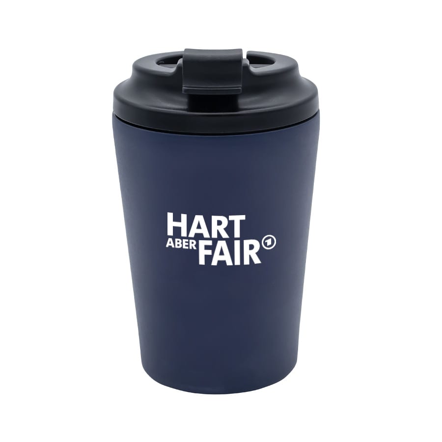 A drink bottle featuring a navy blue design with a black lid and a logo on the front.