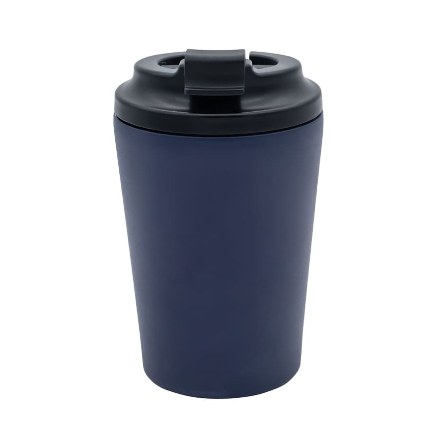 A drink bottle in navy blue with a black lid, featuring a logo on the side. Ideal for travel.