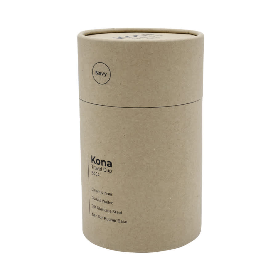 A drink bottle with a navy exterior, packaged in a cylindrical cardboard container. It has a logo and a non-slip rubber base.