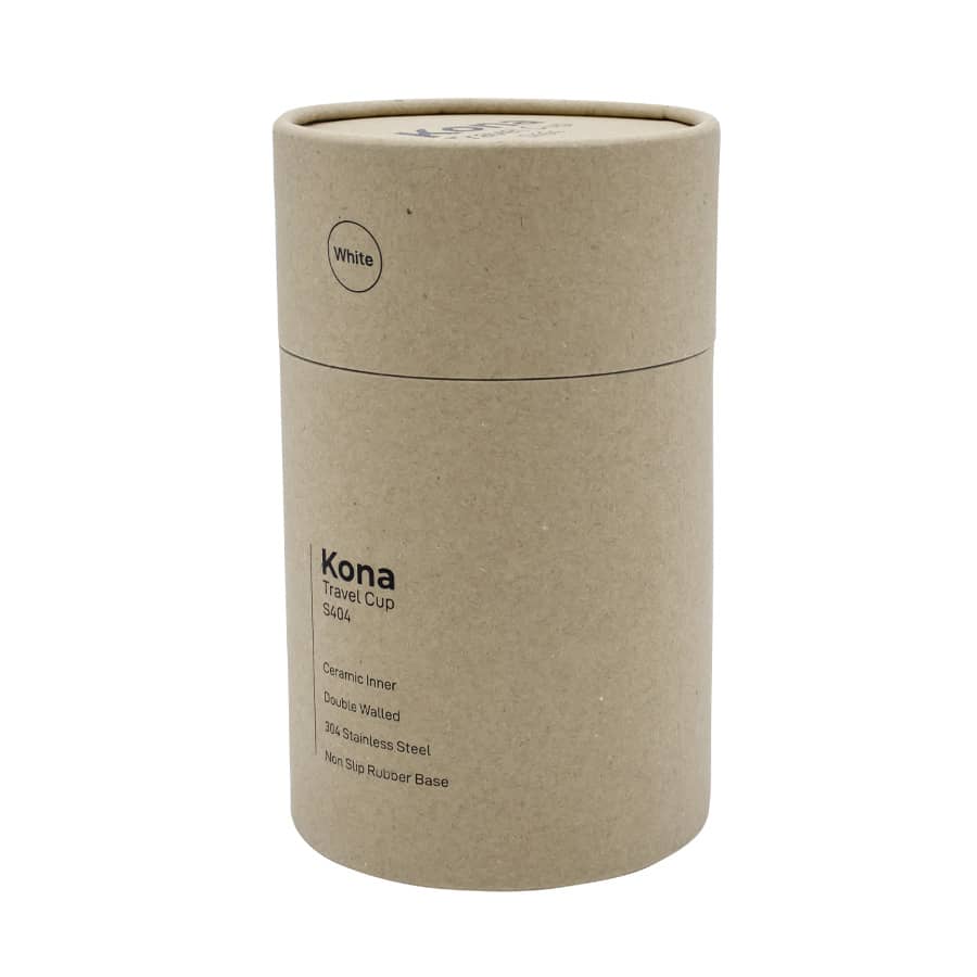 A travel cup in white, featuring a double-walled stainless steel design with a ceramic inner and a non-slip rubber base.
