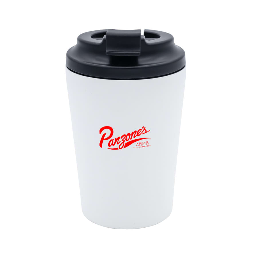 A white travel cup with a black lid and a logo in red. Suitable for beverages on the go.
