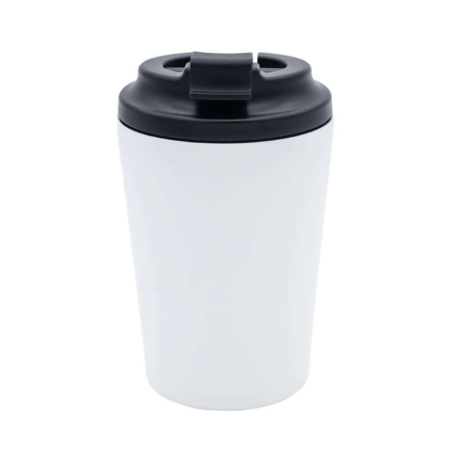 A travel cup in white with a black lid, featuring a logo. Ideal for beverages on the go.
