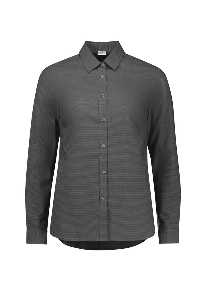 A long sleeve button-up shirt in charcoal grey with a collared neckline and a textured fabric design.