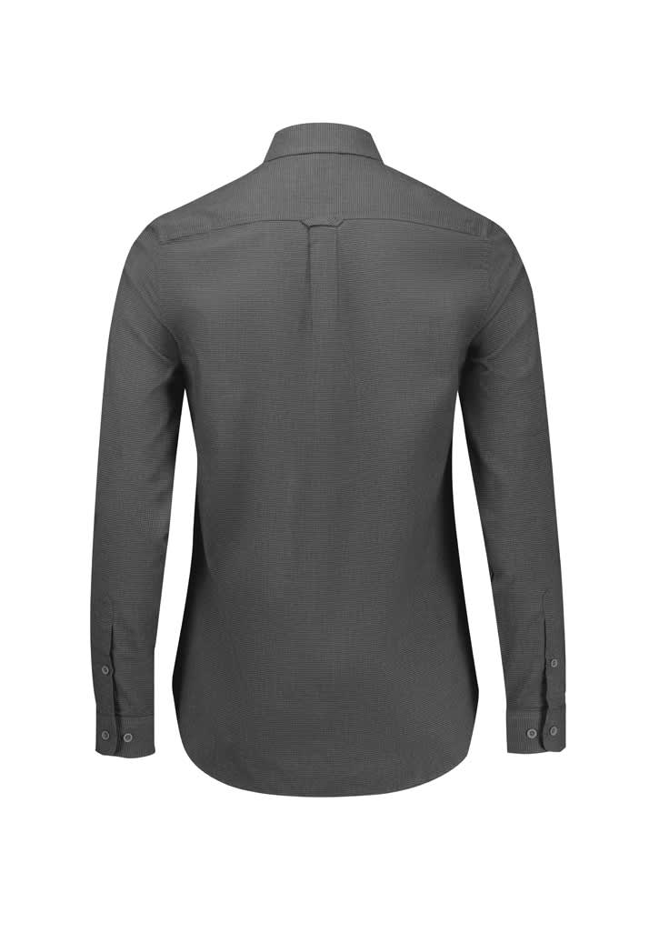 A grey long sleeve button-up shirt featuring a back yoke and cuffs with buttons. It has a logo on the design.