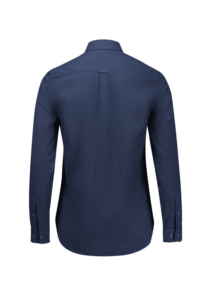 A navy blue long-sleeve women's button-up shirt, featuring a collar and buttoned cuffs. It has a logo on the back.