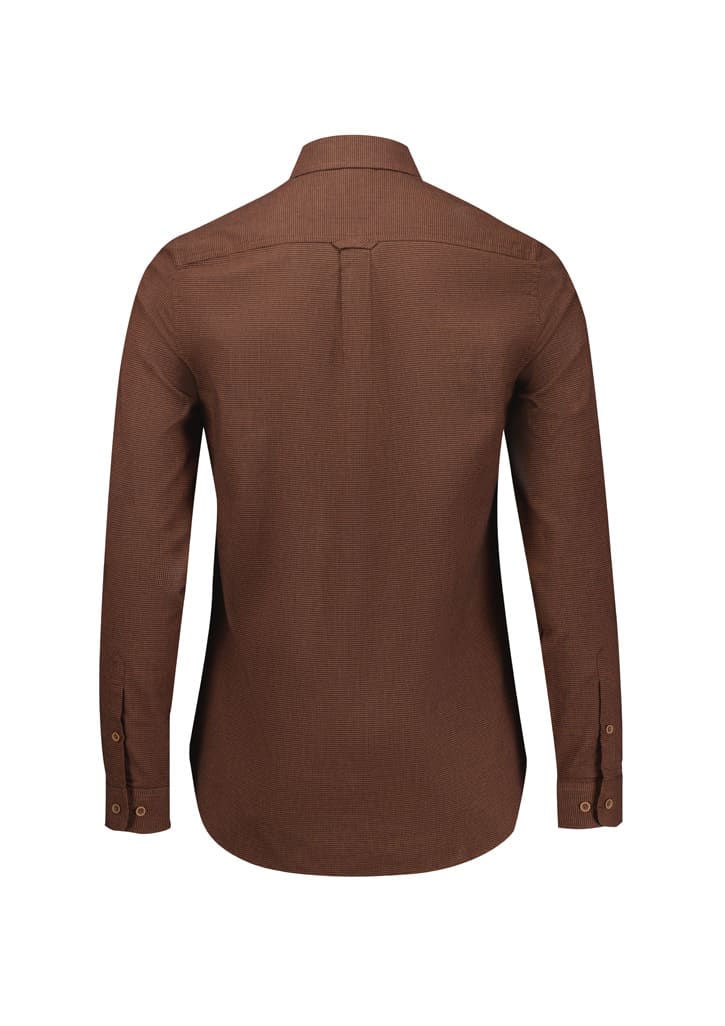 A brown long sleeve button-up shirt with a tailored fit, featuring a collar and buttoned cuffs.