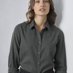A women's long sleeve button-up shirt in dark grey, featuring a collar and rolled-up sleeves. The shirt has a logo.