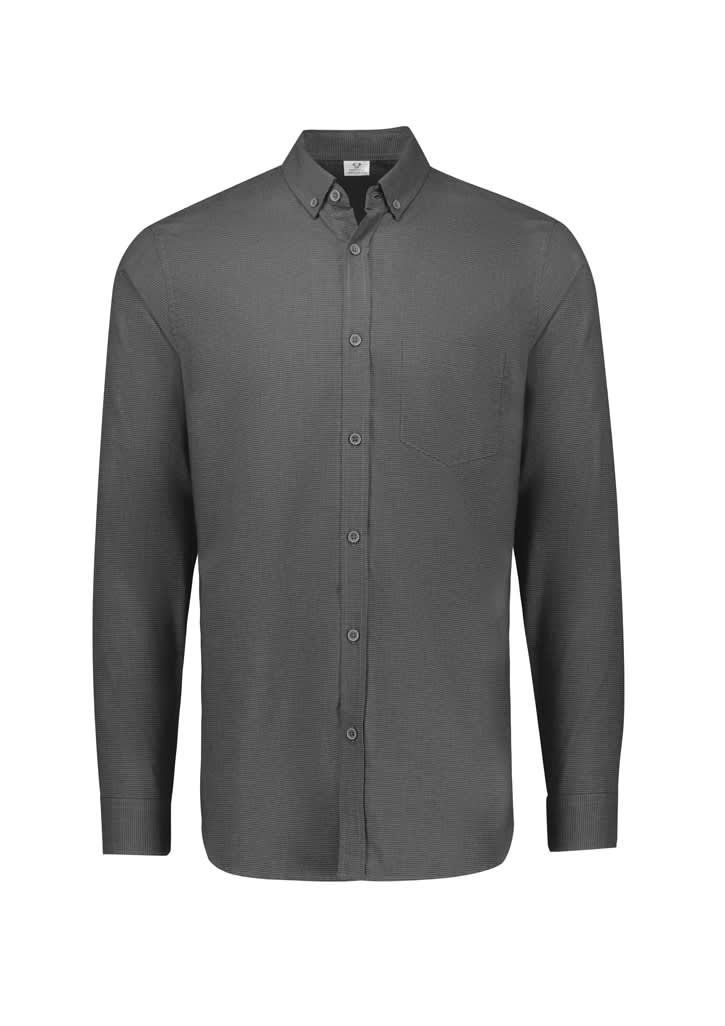 A long sleeve button-up shirt in dark grey with a pocket and a logo on the collar.