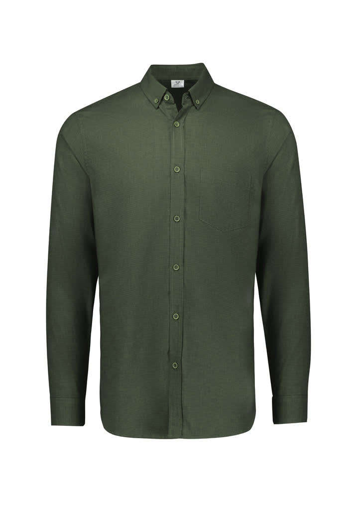 A long-sleeve button-up shirt in a rich green colour with a single chest pocket and a collar.