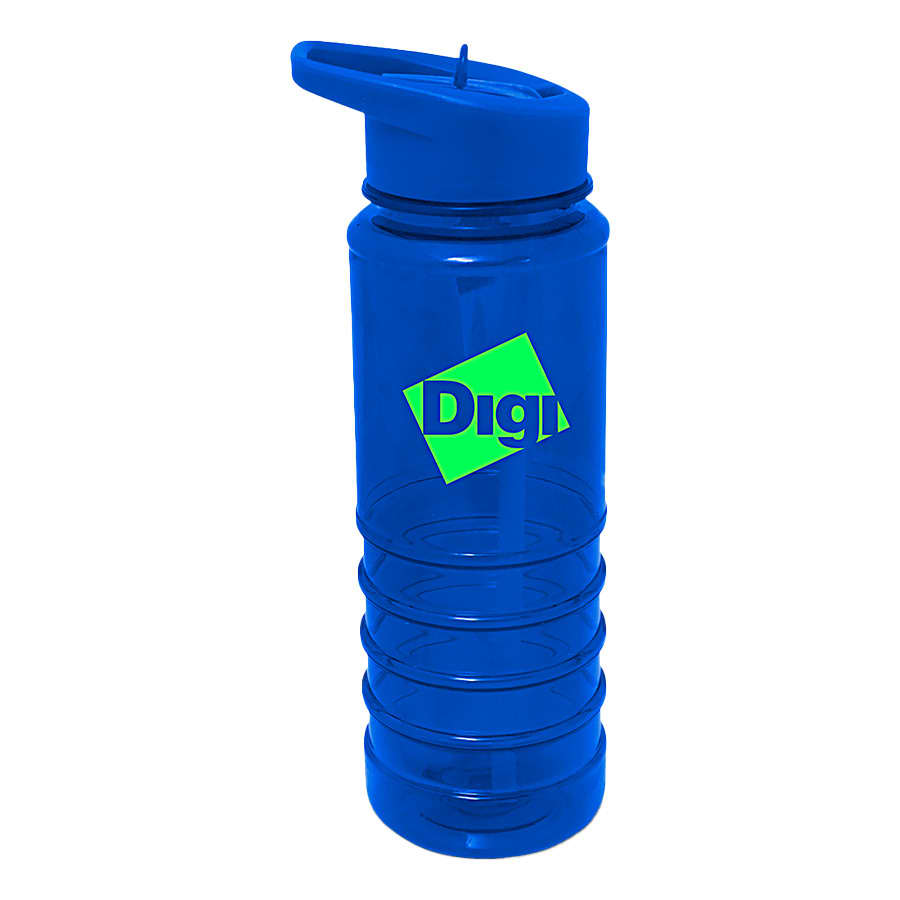 A drink bottle in blue Tritan with a screw top lid and a logo on the side.