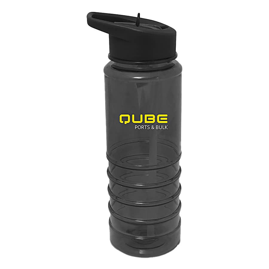 A drink bottle in clear grey Tritan with a black lid and a straw, featuring a logo on the side.