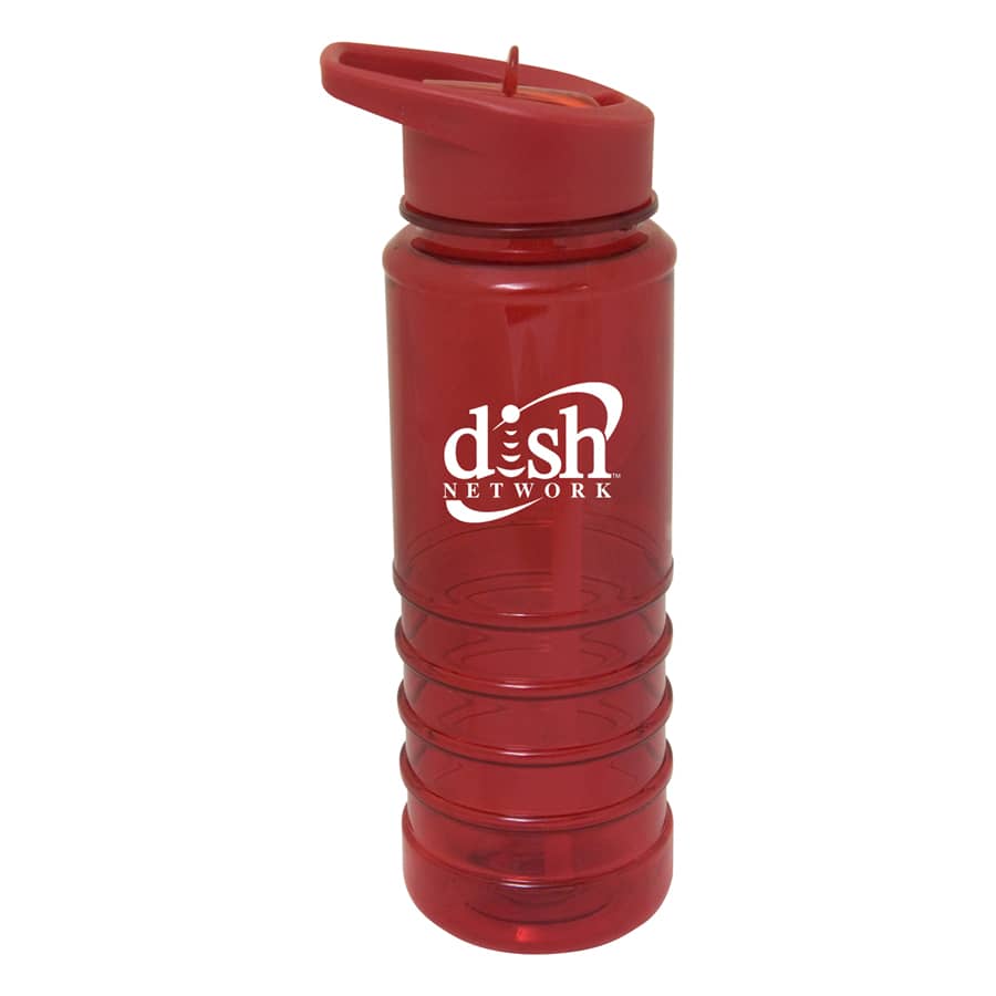 A drink bottle in red Tritan with a secure cap, featuring a branded logo. Transparent design with a textured grip.