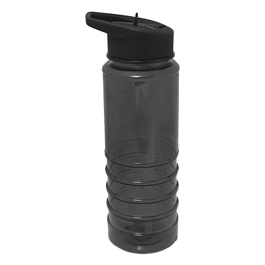 A drink bottle in a translucent black design with a spout and textured grip sections. Features a logo.