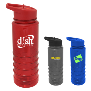 A drink bottle trio featuring a red, grey, and blue Tritan water bottle, each with a cap and branding.