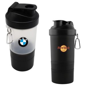 A drink bottle featuring a clear section with a black lid and base, equipped with a carabiner and branding.