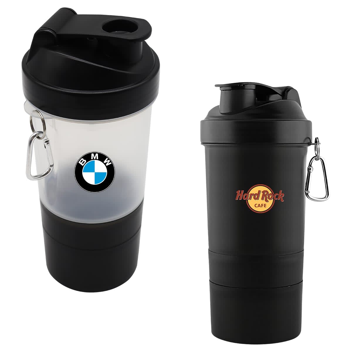 A drink bottle featuring a clear section with a black lid and base, equipped with a carabiner and branding.