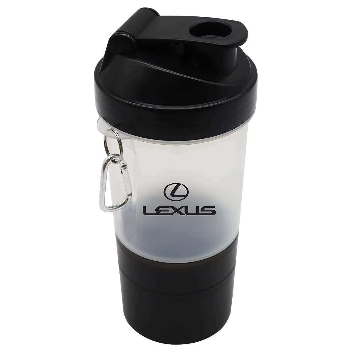 A drink bottle with a transparent body and black accents, featuring a logo and a carabiner clip.