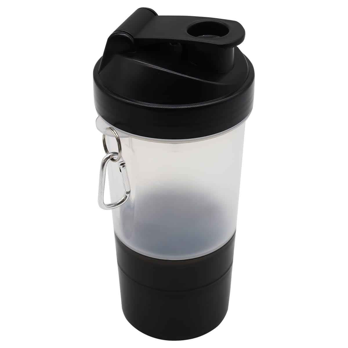 A drink bottle with a clear body and black accents, featuring a screw-top lid and a carabiner clip.