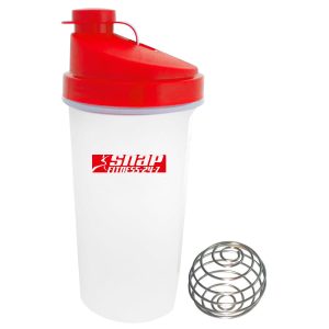A drink bottle with a clear body and red lid, featuring a logo and accompanied by a metal mixing ball.