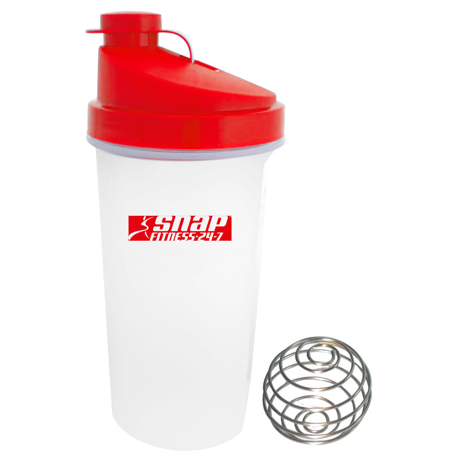 A drink bottle with a clear body and red lid, featuring a logo and accompanied by a metal mixing ball.